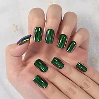 Elevenail Daily Short Squoval False Nails Magic Green Chrome Reflection Mirror Press On Nails Reusable Wearable Party Fake Acryl