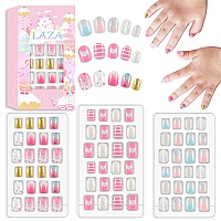 Laza 72Pcs Children Nails Press On Preglue Full Cover Gold Silver Glitter Pink Blue Shell Star Heart Short False Nail Kits For