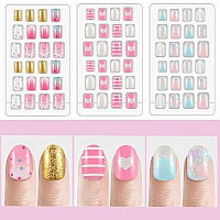 Laza 72Pcs Children Nails Press On Preglue Full Cover Gold Silver Glitter Pink Blue Shell Star Heart Short False Nail Kits For