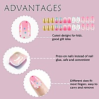 Laza 72Pcs Children Nails Press On Preglue Full Cover Gold Silver Glitter Pink Blue Shell Star Heart Short False Nail Kits For