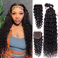 Bundles with Closure Water Wave 10A Unprocessed Brazilian Virgin Human Hair(18 20 22+16,Free Part)Bundles and Closure Pre Plucked with Baby Hair Water Wave Bundles with 4x4 Lace Closure Natural Color