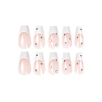 Mervf Coffin Press On Nails Long Fake Nails French Tip White Ballerina Acrylic Nails With Rhinestones Designs 24Pcs Glue On Nail