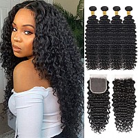 Closure With Bundles 16 18 20 2214 Closure Free Part Deep Wave 4 Bundles With 4X4 Lace Closure 100 Unprocessed Brazilian Vir