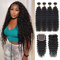 Deep Wave 4 Bundles With Closure 22 24 26 2820 Closure Natural Color Curly Bundles And 4X4 Lace Closure Free Part 100 Unproc