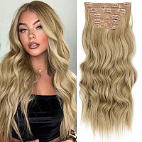 Su? Exquisite 4PCS Clip in Long Soft Glam Waves Thick Hairpieces 20 inches Medium Brown mix Golden Blonde Hair Extensions Synthetic Fiber Double Weft Hair for Women Full Head