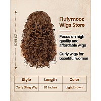 Curly Wig With Bangs For Women Flufymooz Natural Light Brown Long Curly Wig 21Inch Curls With Wispy Bangs Heat Resist Soft Synth