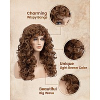 Curly Wig With Bangs For Women Flufymooz Natural Light Brown Long Curly Wig 21Inch Curls With Wispy Bangs Heat Resist Soft Synth