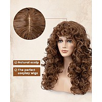 Curly Wig With Bangs For Women Flufymooz Natural Light Brown Long Curly Wig 21Inch Curls With Wispy Bangs Heat Resist Soft Synth