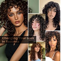 Curly Wig With Bangs For Women Flufymooz Natural Light Brown Long Curly Wig 21Inch Curls With Wispy Bangs Heat Resist Soft Synth