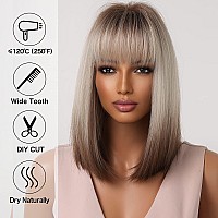 Allbell Brown Blonde Ombre Bob Wigs For Women Cosplay Wig With Bangs Dark Roots Gray Natural Hair Synthetic Wig