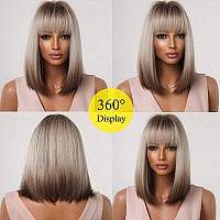 Allbell Brown Blonde Ombre Bob Wigs For Women Cosplay Wig With Bangs Dark Roots Gray Natural Hair Synthetic Wig