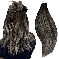 Runature Black Ombre Hair Extensions Tape In Real Human Hair 18 Inch Long Tape In Hair Extensions Human Hair Balayage Black To S