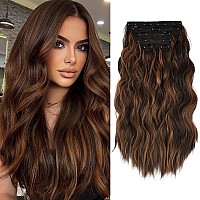 Wecan Clip In Long Wavy Synthetic Hair Extension 20 Inch 6Pcs Auburn Chestnut Thick Hairpieces Fiber Double Weft Hair For Wome