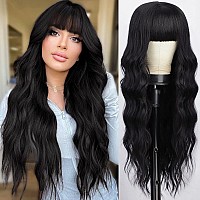 Aisi Queens Black Wig With Bangs Long Black Wavy Wigs For Women Synthetic Wigs Natural Black Curly Hair Wig For Girls Daily Par