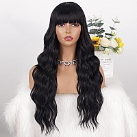 Aisi Queens Black Wig With Bangs Long Black Wavy Wigs For Women Synthetic Wigs Natural Black Curly Hair Wig For Girls Daily Par