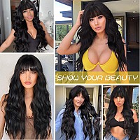 Aisi Queens Black Wig With Bangs Long Black Wavy Wigs For Women Synthetic Wigs Natural Black Curly Hair Wig For Girls Daily Par