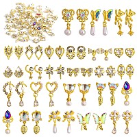 48 Pcs Dangle Nail Charms Luxury Rhinestones for Nails Heart Charms Gold Nail Gems Crystal Metal Nail Diamonds Stones for 3D Nails Art Decoration Jewelry Making, 24 Styles