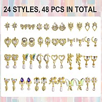 48 Pcs Dangle Nail Charms Luxury Rhinestones for Nails Heart Charms Gold Nail Gems Crystal Metal Nail Diamonds Stones for 3D Nails Art Decoration Jewelry Making, 24 Styles