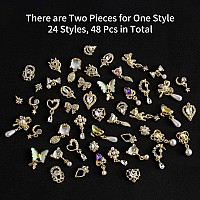 48 Pcs Dangle Nail Charms Luxury Rhinestones for Nails Heart Charms Gold Nail Gems Crystal Metal Nail Diamonds Stones for 3D Nails Art Decoration Jewelry Making, 24 Styles