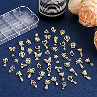 48 Pcs Dangle Nail Charms Luxury Rhinestones for Nails Heart Charms Gold Nail Gems Crystal Metal Nail Diamonds Stones for 3D Nails Art Decoration Jewelry Making, 24 Styles