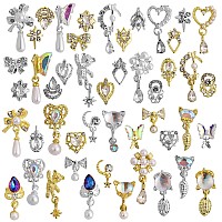 48 Pcs Dangle Nail Charms Luxury Rhinestones For Nails Heart Charms Gold Silver Nail Gems Crystal Metal Nail Diamonds Stones For