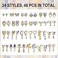 48 Pcs Dangle Nail Charms Luxury Rhinestones For Nails Heart Charms Gold Silver Nail Gems Crystal Metal Nail Diamonds Stones For