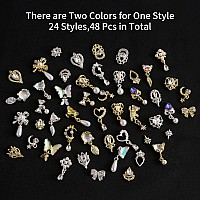 48 Pcs Dangle Nail Charms Luxury Rhinestones For Nails Heart Charms Gold Silver Nail Gems Crystal Metal Nail Diamonds Stones For