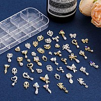 48 Pcs Dangle Nail Charms Luxury Rhinestones For Nails Heart Charms Gold Silver Nail Gems Crystal Metal Nail Diamonds Stones For