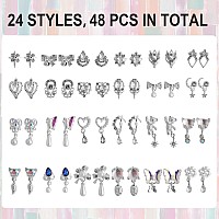 48 Pcs Dangle Nail Charms Luxury Rhinestones For Nails Heart Charms Silver Nail Gems Crystal Metal Nail Diamonds Stones For 3D N