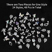 48 Pcs Dangle Nail Charms Luxury Rhinestones For Nails Heart Charms Silver Nail Gems Crystal Metal Nail Diamonds Stones For 3D N