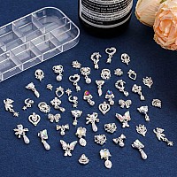 48 Pcs Dangle Nail Charms Luxury Rhinestones For Nails Heart Charms Silver Nail Gems Crystal Metal Nail Diamonds Stones For 3D N