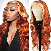 QD-Tizer Ginger Orange Wig with Blonde Highlights Lace Front Wig Blonde Skunk Stripe Long Wavy Wigs Heat Resistant Fiber Hair Synthetic Lace Front Wig for Fashion Women