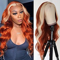 QD-Tizer Ginger Orange Wig with Blonde Highlights Lace Front Wig Blonde Skunk Stripe Long Wavy Wigs Heat Resistant Fiber Hair Synthetic Lace Front Wig for Fashion Women