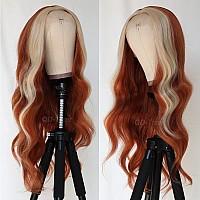 QD-Tizer Ginger Orange Wig with Blonde Highlights Lace Front Wig Blonde Skunk Stripe Long Wavy Wigs Heat Resistant Fiber Hair Synthetic Lace Front Wig for Fashion Women