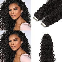 Loxxy Natural Black Tape In Hair Extensions Human Hair Kinky Curly 1B 20Inch Invisible Pu Skin Weft Natural Curly Hair Extensio