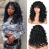 ANNISOUL Black Curly Wigs for Black Women Long Curly Afro Wig with Bangs for Women Big Bouncy Fluffy Synthetic Fiber Glueless Hair for Cosplay and Daily