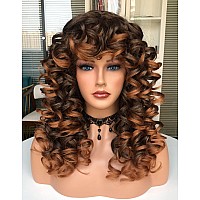 Annivia Curly Wig With Bangs For Black Women Ombre Brown Kinky Long Curly Wig Synthetic Hair Daily Use Cosplay 17 Inch