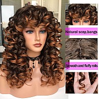 Annivia Curly Wig With Bangs For Black Women Ombre Brown Kinky Long Curly Wig Synthetic Hair Daily Use Cosplay 17 Inch