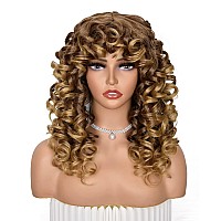 ANNISOUL Ombre Blonde Curly Wigs for Black Women Long Curly Afro Wig with Bangs for Women Big Bouncy Fluffy Synthetic Fiber Glueless Hair for Cosplay and Daily