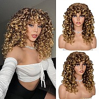 ANNISOUL Ombre Blonde Curly Wigs for Black Women Long Curly Afro Wig with Bangs for Women Big Bouncy Fluffy Synthetic Fiber Glueless Hair for Cosplay and Daily