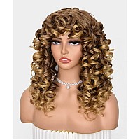 ANNISOUL Ombre Blonde Curly Wigs for Black Women Long Curly Afro Wig with Bangs for Women Big Bouncy Fluffy Synthetic Fiber Glueless Hair for Cosplay and Daily