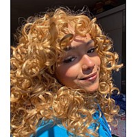 Annivia Curly Wig With Bangs For Black Women Honey Blonde Kinky Long Curly Wig Synthetic Hair Daily Use Cosplay 17 Inch