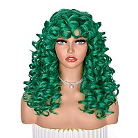 ANNISOUL Green Curly Wigs for Black Women Long Curly Afro Wig with Bangs for Women Big Bouncy Fluffy Synthetic Fiber Glueless Hair for Cosplay and Daily