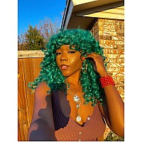 ANNISOUL Green Curly Wigs for Black Women Long Curly Afro Wig with Bangs for Women Big Bouncy Fluffy Synthetic Fiber Glueless Hair for Cosplay and Daily