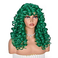 ANNISOUL Green Curly Wigs for Black Women Long Curly Afro Wig with Bangs for Women Big Bouncy Fluffy Synthetic Fiber Glueless Hair for Cosplay and Daily