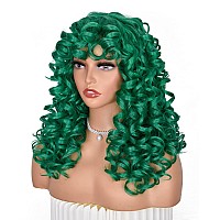 ANNISOUL Green Curly Wigs for Black Women Long Curly Afro Wig with Bangs for Women Big Bouncy Fluffy Synthetic Fiber Glueless Hair for Cosplay and Daily