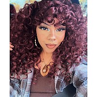 Annivia Curly Wig With Bangs For Black Women Burgundy Kinky Long Curly Shag Synthetic Hair Wigs Daily Use Cosplay 17 Inch