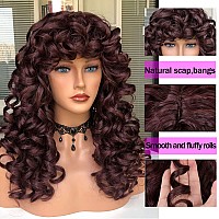 Annivia Curly Wig With Bangs For Black Women Burgundy Kinky Long Curly Shag Synthetic Hair Wigs Daily Use Cosplay 17 Inch