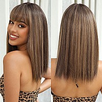 Allbell Brown Mixed Blonde Highlight Wig for Black Women Straight Bob Wigs with Bangs with Dark Roots for Daily Use