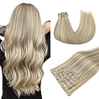 Maxita Human Hair Clip In Extensions Ash Blonde Highlighted Platinum Blonde 110G 7Pcs 20 Inch Seamless Clip In Hair Extensions